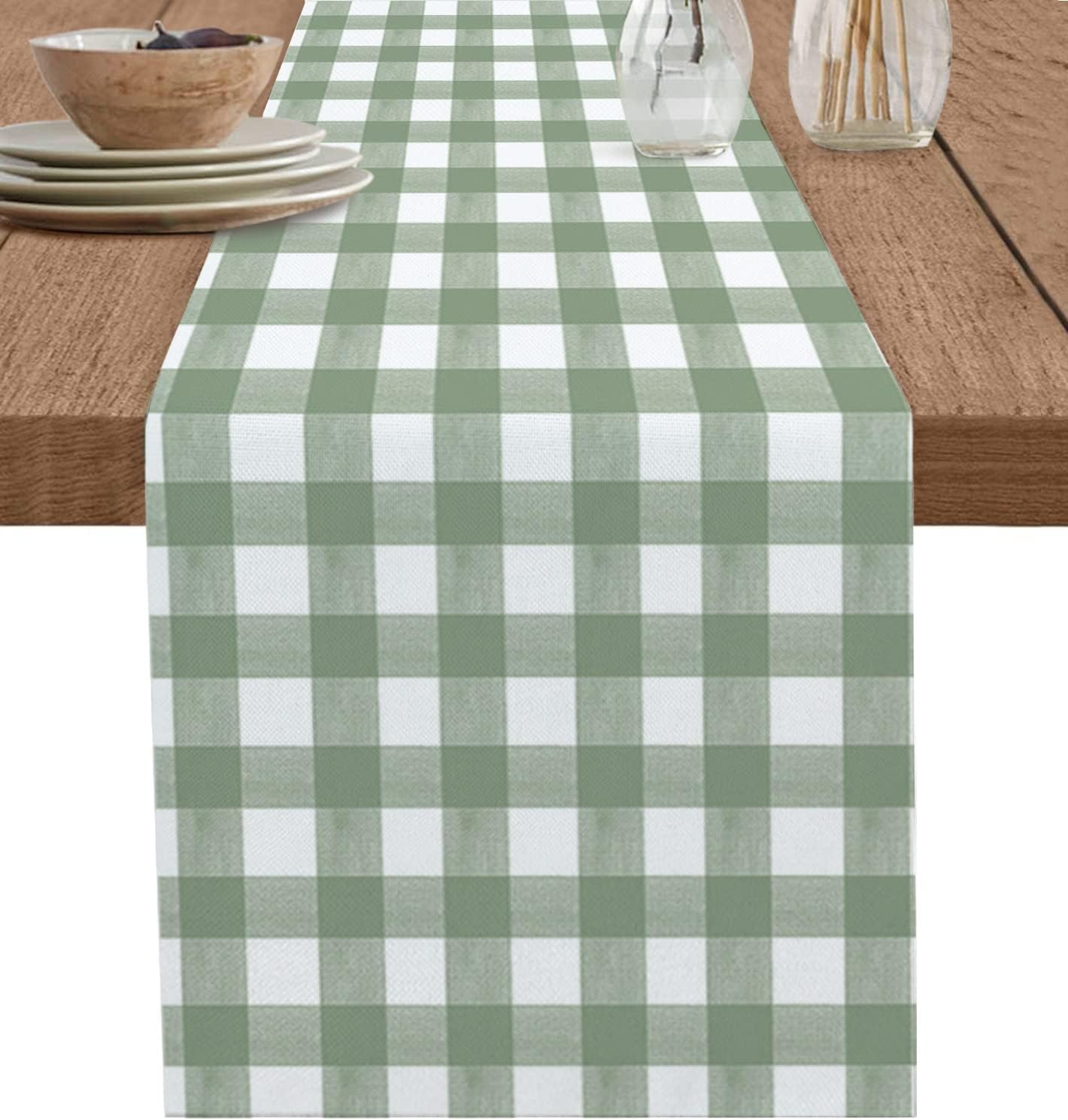 Linum Home Textiles - Green Buffalo Plaid Linen Table Runner